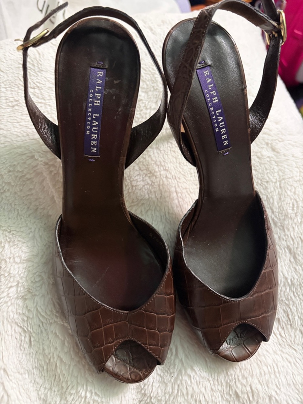 Ralph Lauren Dark Brown Croc-Embossed Peep-Toe Slingback Heels